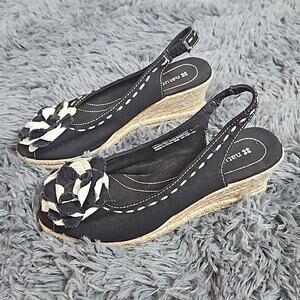 Naturalizer Black Off White Peep Toe Slingback Espadrille Wedge Sandals Sz 6 1/2